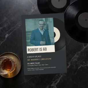 Vintage Jazz Night Vinyl Music Photo 60th Birthday Invitation