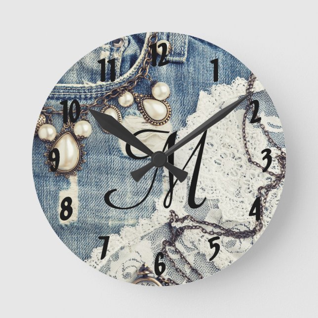 Vintage Jeans Victoria Monogram Initial Wall Clock (Front)
