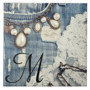 Vintage Jeans Victorian Lace Monogram Display Tile