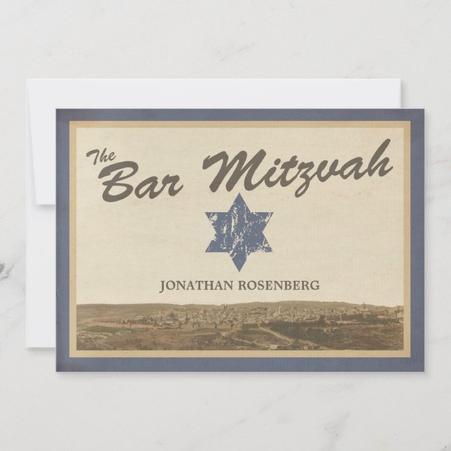 Vintage Jerusalem Bar Mitzvah Invitation in Navy (Front)