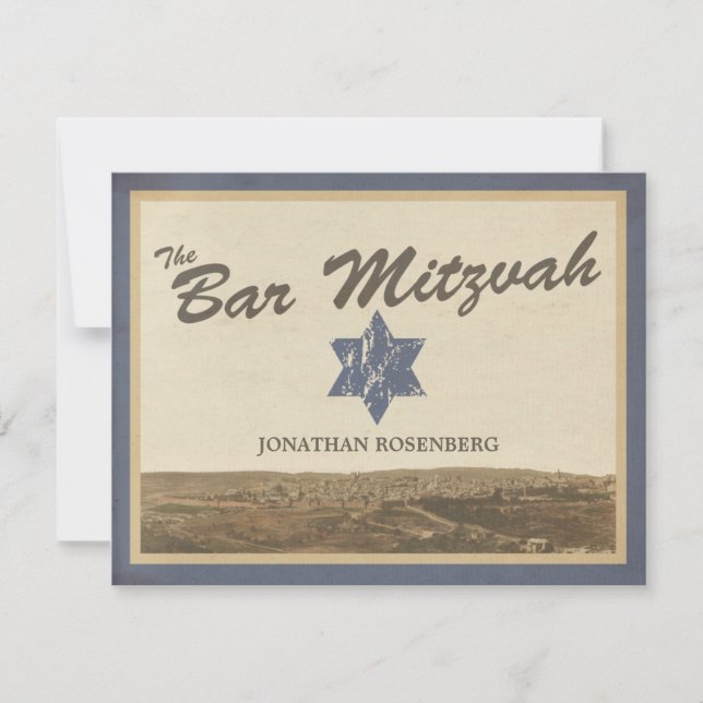 Vintage Jerusalem Bar Mitzvah RSVP Reply Card Navy (Front)