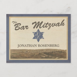 Vintage Jerusalem Bar Mitzvah Save The Date Navy Announcement Postcard