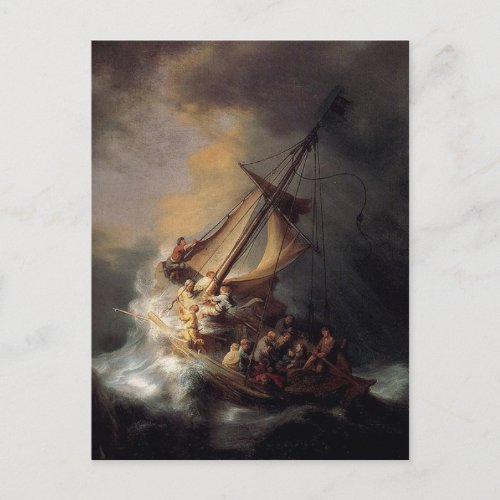 Vintage Jesus calming storm painting Postcard