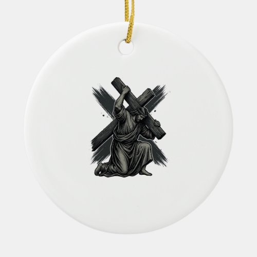 Vintage Jesus Carrying Cross Christian Vector Art Ceramic Ornament
