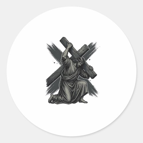 Vintage Jesus Carrying Cross Christian Vector Art Classic Round Sticker