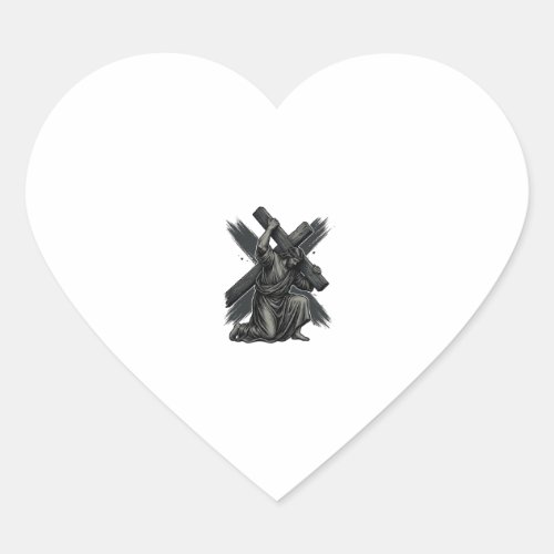 Vintage Jesus Carrying Cross Christian Vector Art Heart Sticker