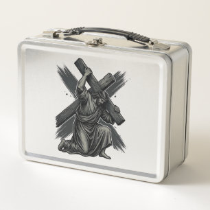 Vintage Jesus Carrying Cross Christian Vector Art Metal Lunch Box