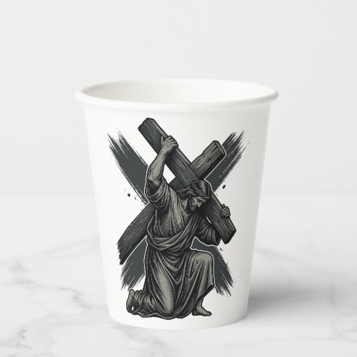 Vintage Jesus Carrying Cross Christian Vector Art Paper Cups