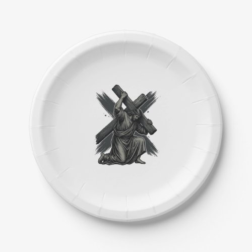 Vintage Jesus Carrying Cross Christian Vector Art Paper Plates