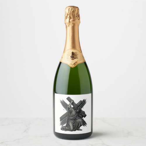 Vintage Jesus Carrying Cross Christian Vector Art Sparkling Wine Label