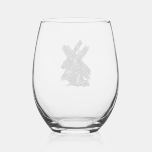Vintage Jesus Carrying Cross Christian Vector Art Stemless Wine Glass