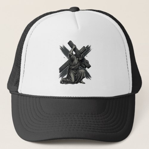 Vintage Jesus Carrying Cross Christian Vector Art Trucker Hat
