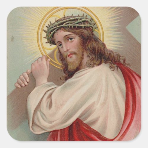 Vintage Jesus Christ Carrying Cross Christian Square Sticker