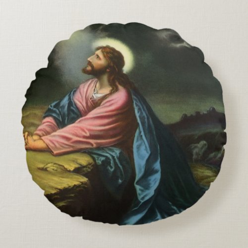 Vintage Jesus Christ Praying Garden of Gethsemane Round Pillow