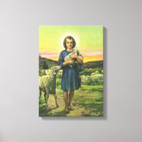 Vintage Jesus Christ the Shepherd with Baby Lamb Canvas Print