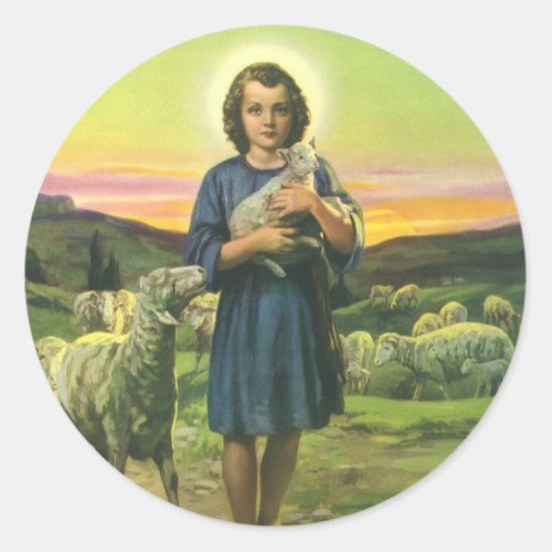 Vintage Jesus Christ the Shepherd with Baby Lamb Classic Round Sticker