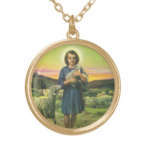 Vintage Jesus Christ the Shepherd with Baby Lamb Gold Plated Necklace