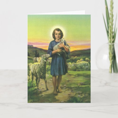 Vintage Jesus Christ the Shepherd with Baby Lamb Holiday Card
