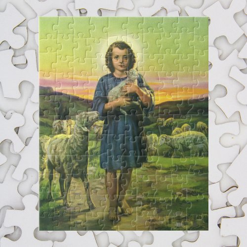 Vintage Jesus Christ the Shepherd with Baby Lamb Jigsaw Puzzle