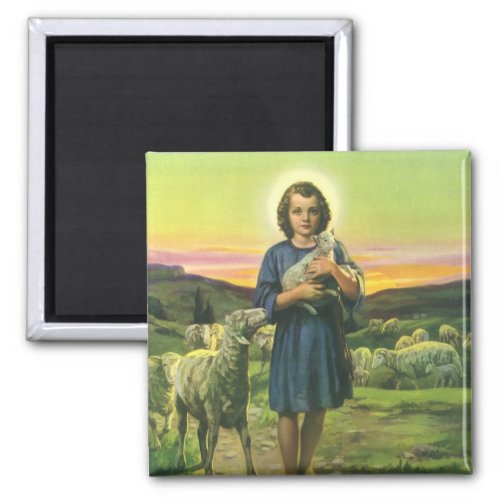 Vintage Jesus Christ the Shepherd with Baby Lamb Magnet