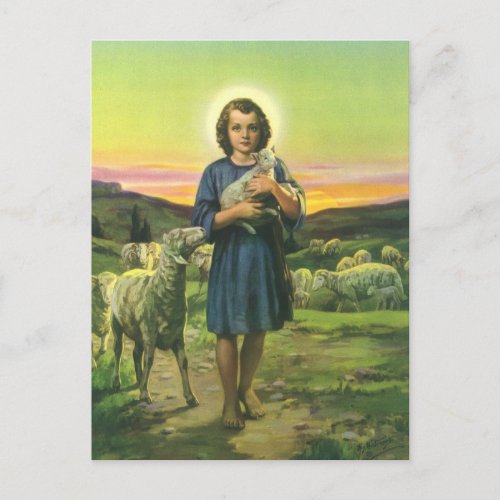 Vintage Jesus Christ the Shepherd with Baby Lamb Postcard