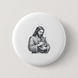 Vintage Jesus Holding Cat Engraving Graphic_1 Button