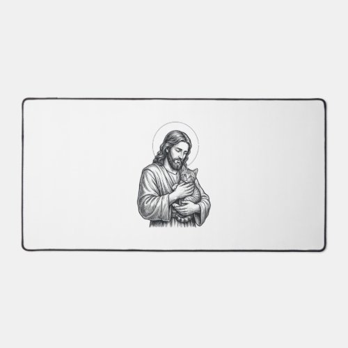 Vintage Jesus Holding Cat Engraving Graphic_1 Desk Mat