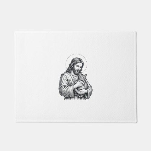 Vintage Jesus Holding Cat Engraving Graphic_1 Doormat