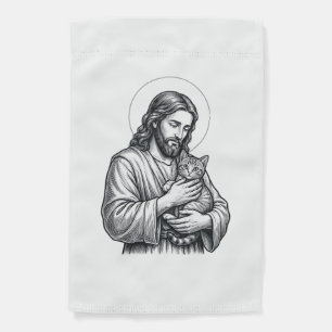Vintage Jesus Holding Cat Engraving Graphic_1 Garden Flag