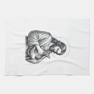 Vintage Jesus Holding Cat Engraving Graphic_1 Kitchen Towel