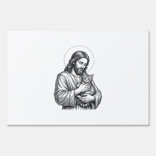 Vintage Jesus Holding Cat Engraving Graphic_1 Sign