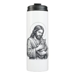 Vintage Jesus Holding Cat Engraving Graphic_1 Thermal Tumbler