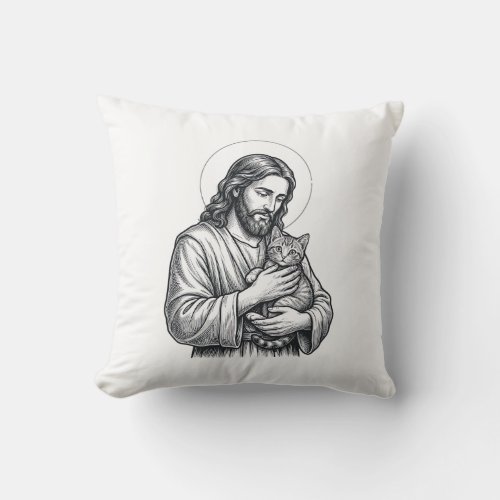 Vintage Jesus Holding Cat Engraving Graphic_1 Throw Pillow