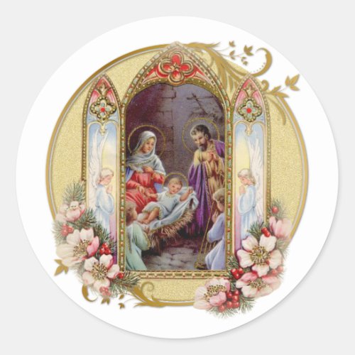 Vintage Jesus Mary Joseph Nativity Floral Holiday  Classic Round Sticker