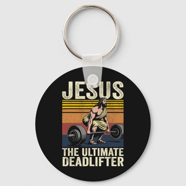 Vintage Jesus The Ultimate Deadlifter Funny Christ Keychain (Front)