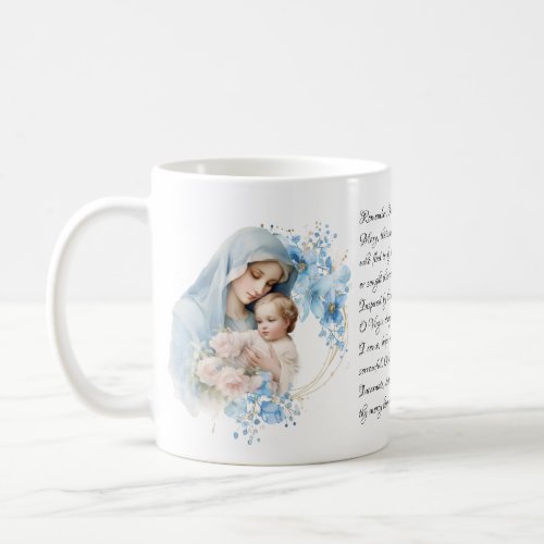 Vintage Jesus Virgin Mary Floral Memorare Prayer   Coffee Mug