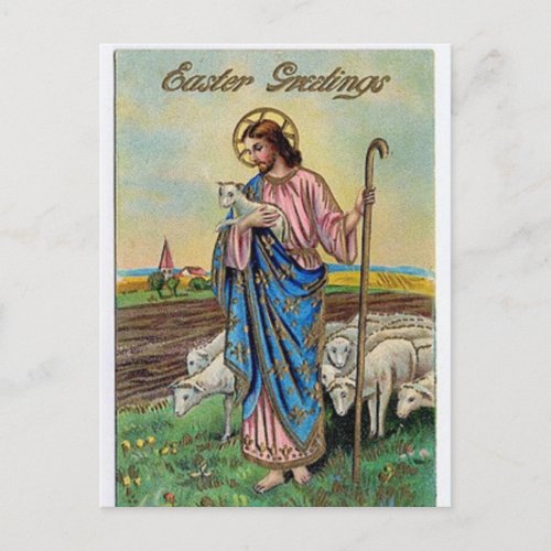 Vintage Jesus With Sheep Easter Greetings Postcard