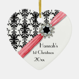 Vintage Jewel Buckle Black White Damask Ribbon Ceramic Ornament