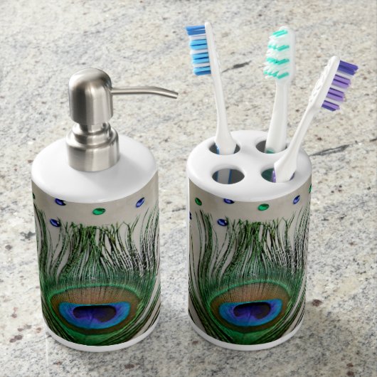 Vintage Jewel Peacock Feather Soap Dispenser And Toothbrush Holder (Front)