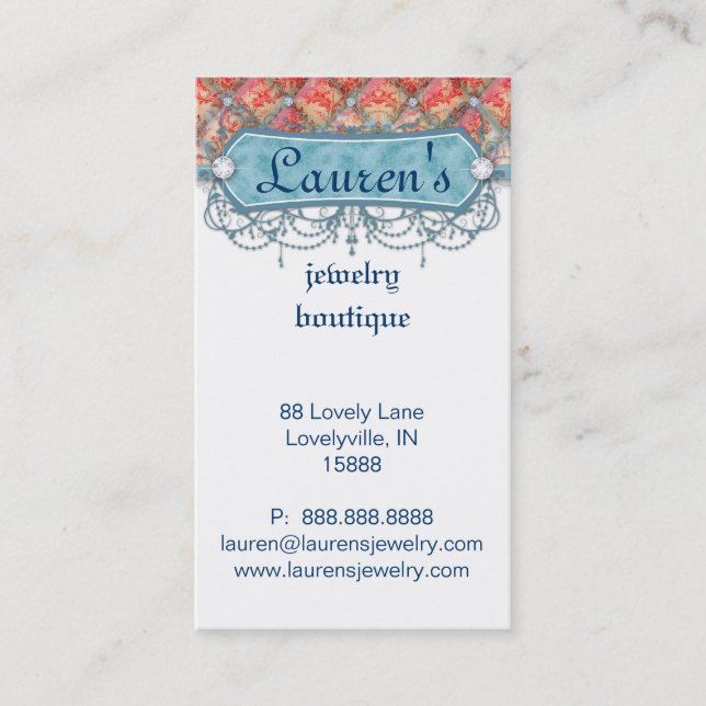 Vintage Jewelry Business Card Tufted Damask Blue (Front)