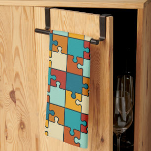 Vintage Jigsaw Puzzle Pieces Pattern Kitchen Towel