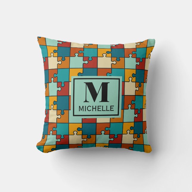 Vintage Jigsaw Puzzle Pieces Pattern Monogram Throw Pillow (Front)
