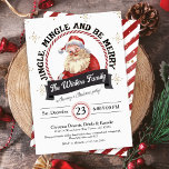 Vintage Jingle Mingle Be Merry Christmas Party Invitation<br><div class="desc">Instantly create a buzz around your holiday celebration with this unique and slightly retro Vintage Jingle Mingle Be Merry Christmas Party. With festive cute red and white Santa Claus, modern snowflakes and a candy cane frame your guests will be transported to the North Pole in no time! Tis the Season...</div>