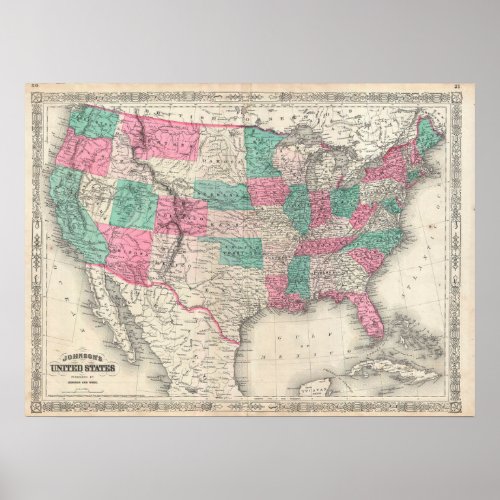 Vintage Johnsons Map of the United States 1866 Poster