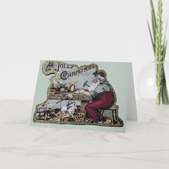 Vintage Jolly Christmas Santa Working at His Desk Holiday Card (Front)