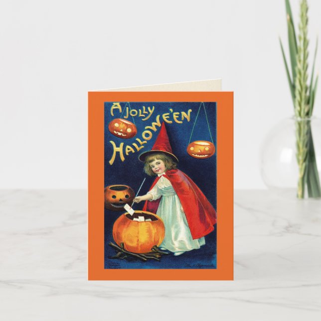 Vintage Jolly Halloween Girl Witch Card (Front)