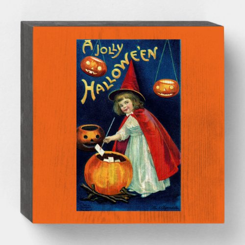 Vintage Jolly Halloween Girl Witch Wooden Box Sign