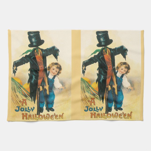Vintage Jolly Halloween Scarecrow Ellen Clapsaddle Kitchen Towel (Horizontal)