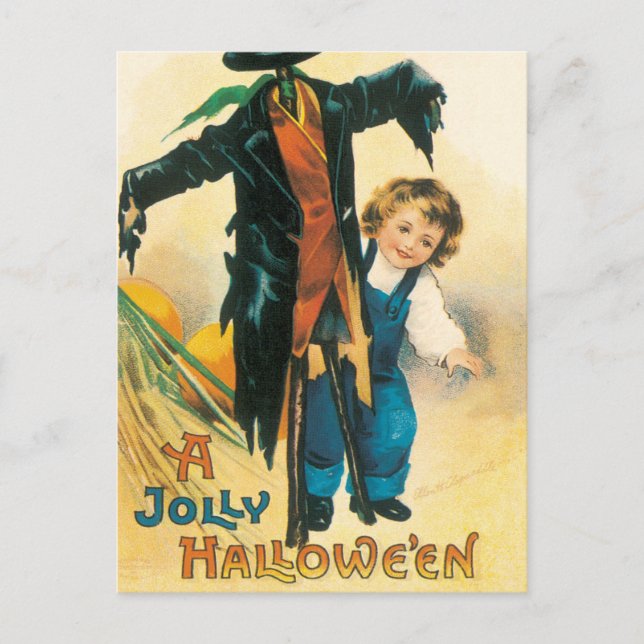 Vintage Jolly Halloween Scarecrow Ellen Clapsaddle Postcard (Front)