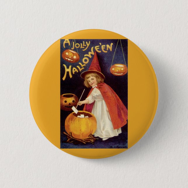 Vintage Jolly Halloween Witch by Ellen Clapsaddle Button (Front)